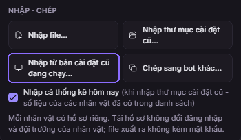 Mục Nhập · chép trong cửa sổ hồ sơ, nút Nhập từ bản cài đặt cũ đang chạy được khoanh