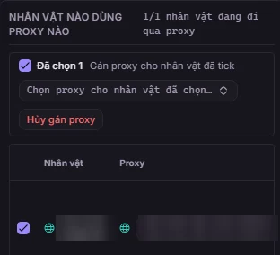 Phần Nhân vật nào dùng proxy nào: ô Đã chọn 1, ô Chọn proxy cho nhân vật đã chọn, nút Hủy gán proxy và bảng nhân vật